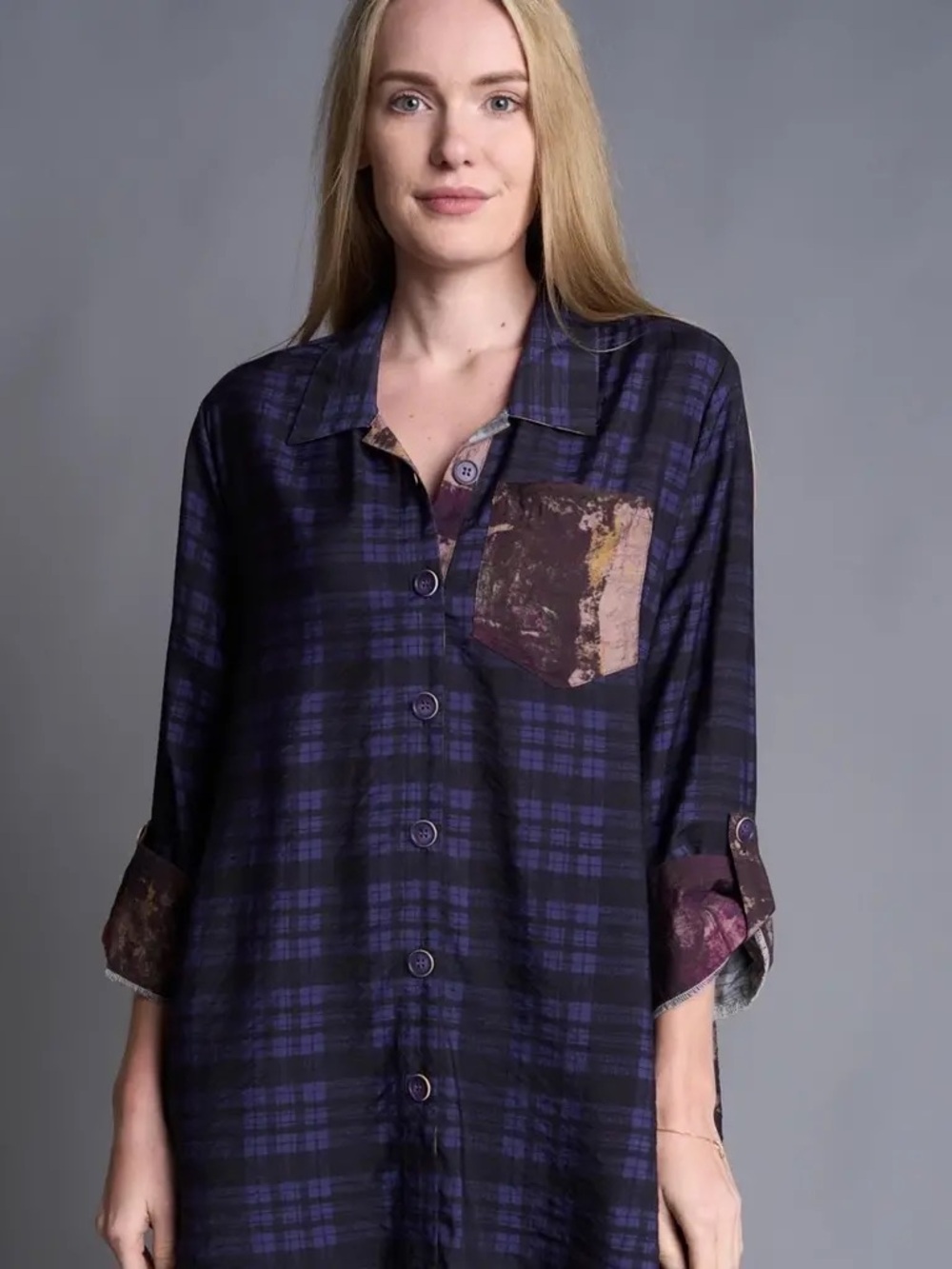 Chaus Shana Purple Plaid Button-Down Shirt with Contrast Pocket